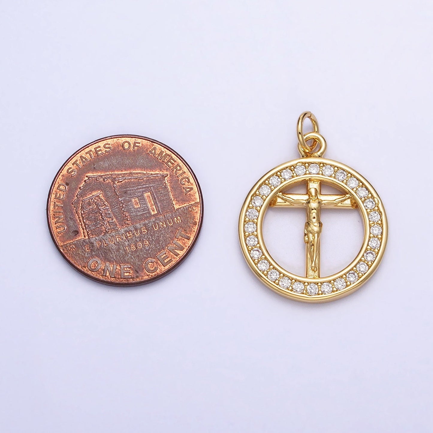 Dainty Circle Charm with Crucifix Jesus Gold Plated Cross Micro CZ Pave | DIY Pendant Piece for Necklace Bracelet AC672