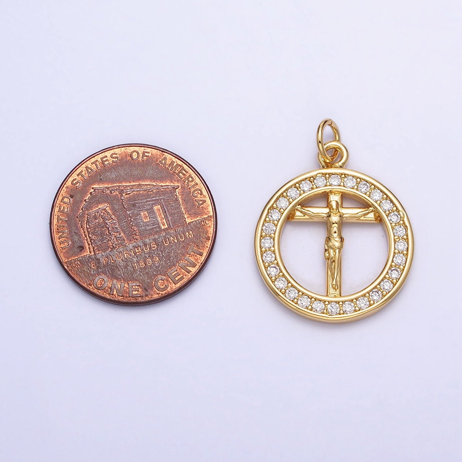 Dainty Circle Charm with Crucifix Jesus Gold Plated Cross Micro CZ Pave | DIY Pendant Piece for Necklace Bracelet AC672