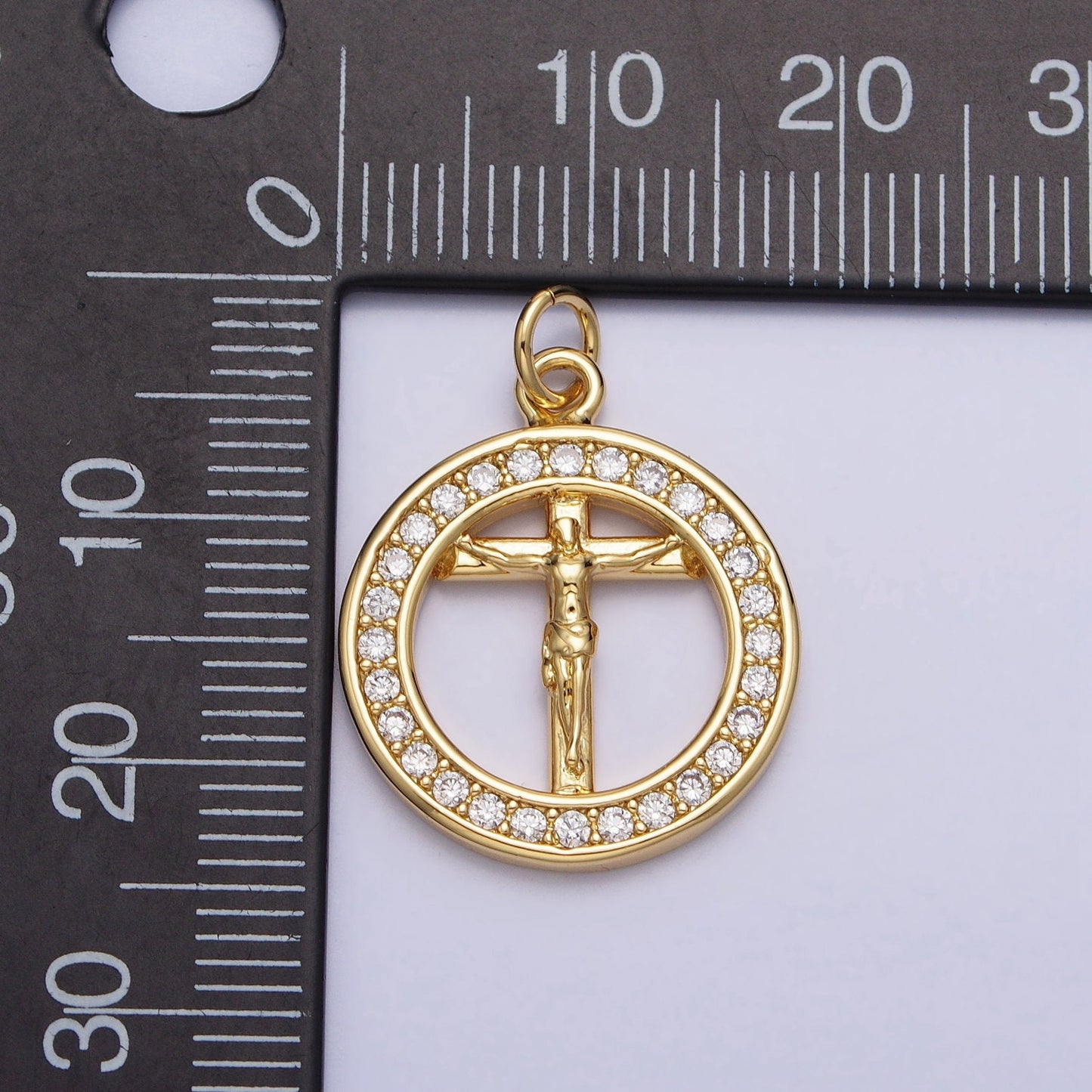 Dainty Circle Charm with Crucifix Jesus Gold Plated Cross Micro CZ Pave | DIY Pendant Piece for Necklace Bracelet AC672