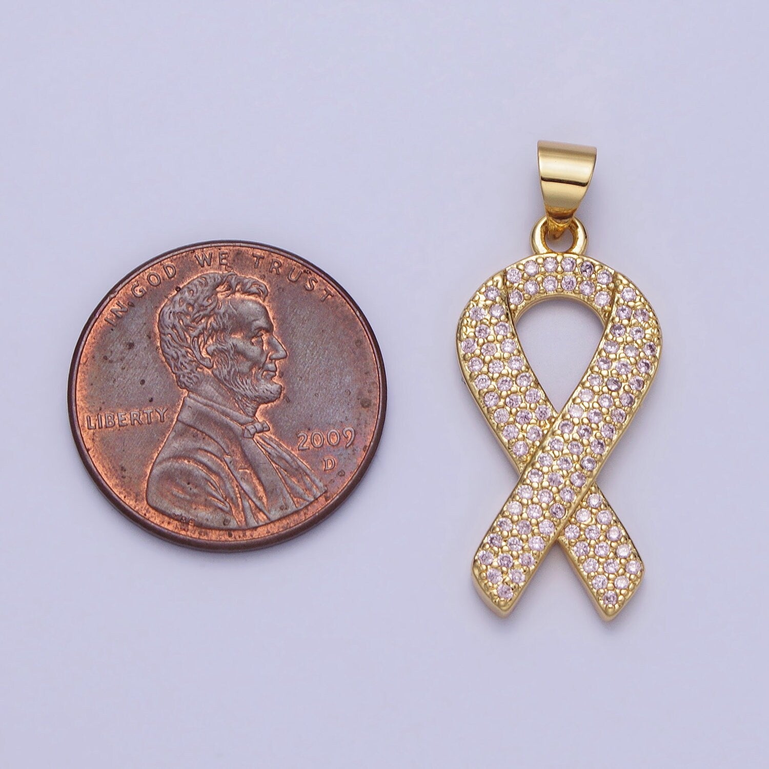 Pink CZ Gold Ribbon Charms, Breast Cancer Awareness, October Ribbon Pendant for Charity Handmade Bracelet Earring Necklace Supply AA163