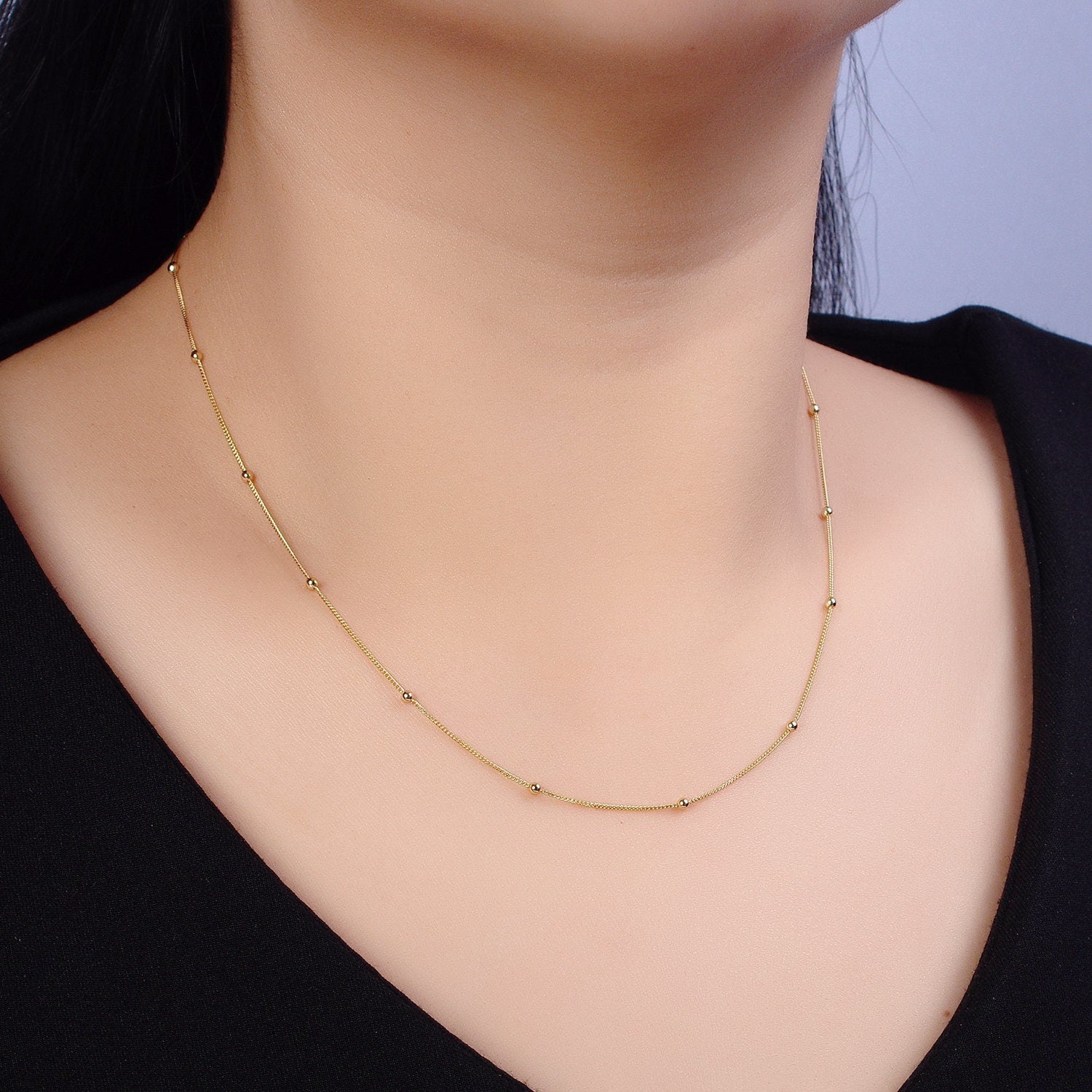 Fine Gold Beaded Satellite Chain 17.75 inch Necklace Simple, Everyday Layering Necklace WA1640 1641