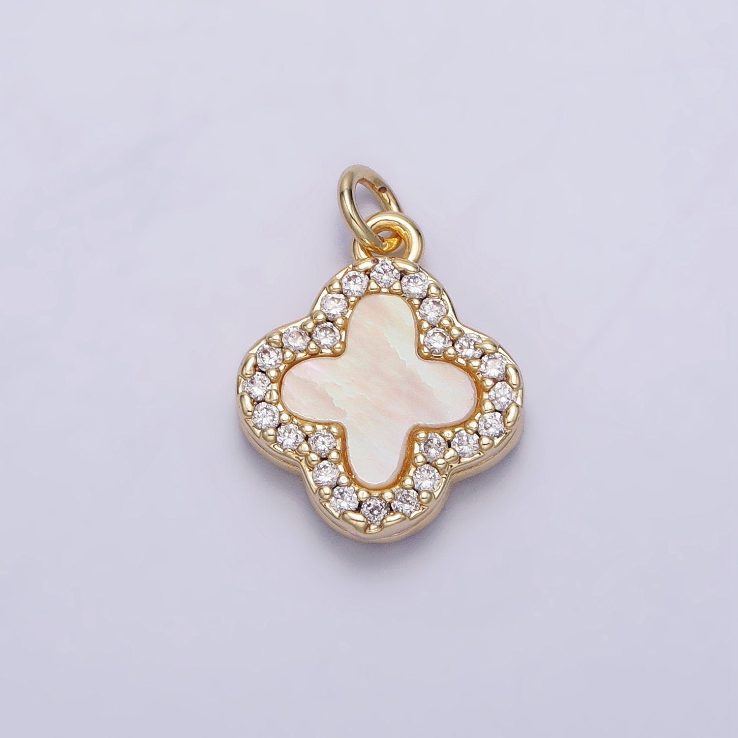 Tiny 24K Gold Filled Clover Quatrefoil Shell Pearl Micro Paved CZ Pendant | AC730