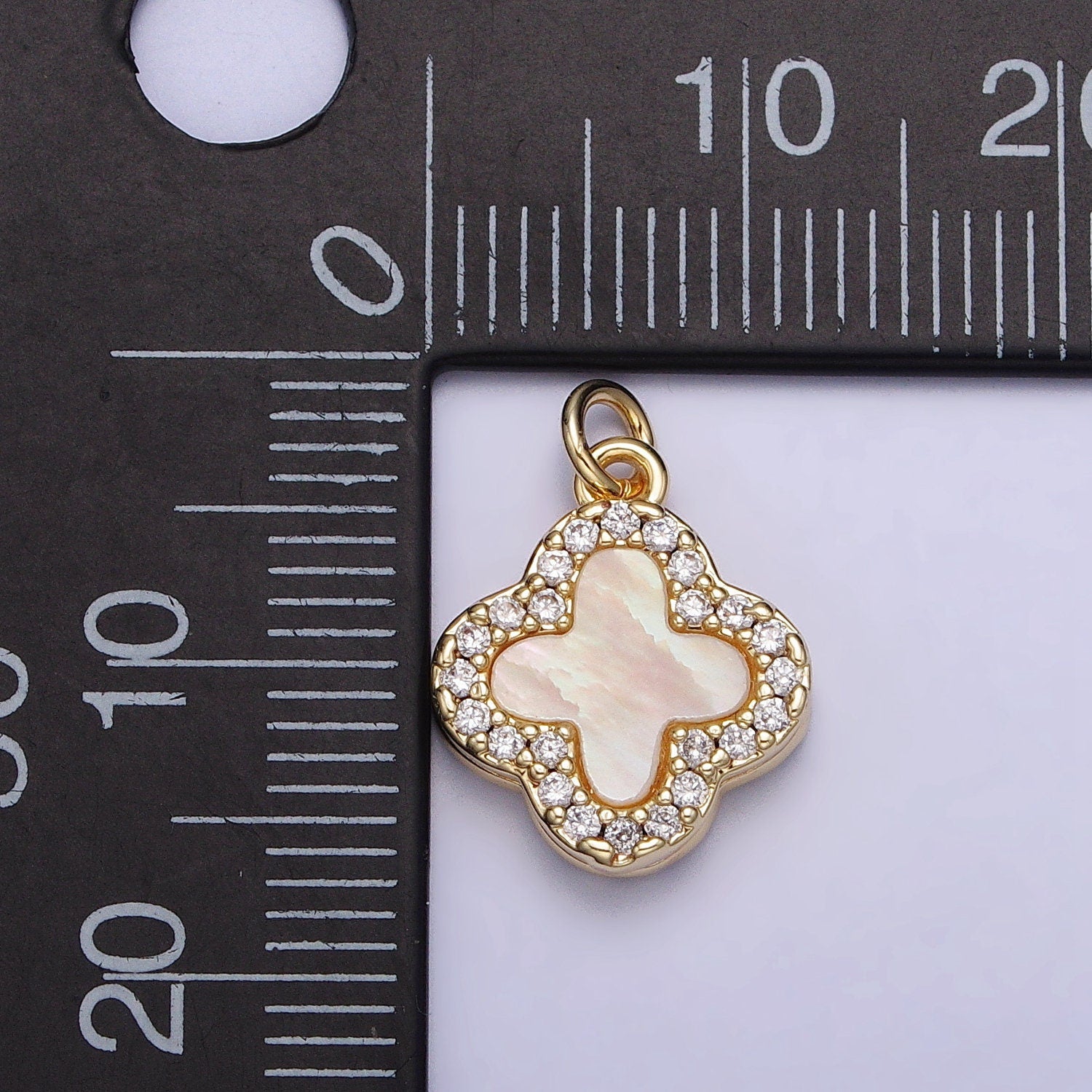 Tiny 24K Gold Filled Clover Quatrefoil Shell Pearl Micro Paved CZ Pendant | AC730