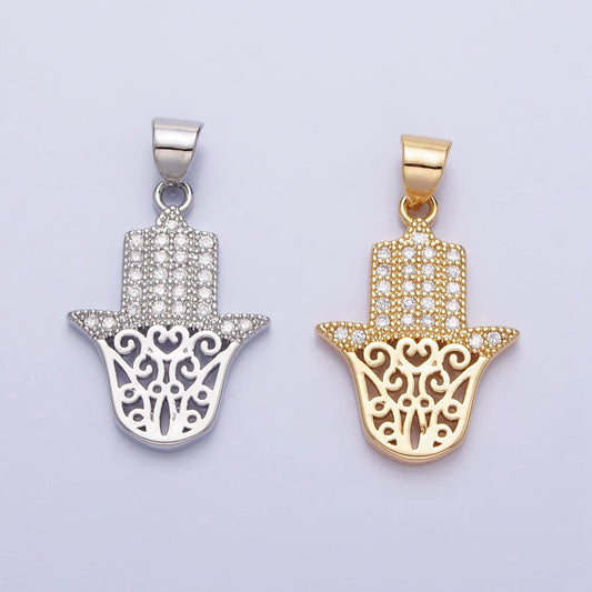 Dainty 24K Gold Filled Hamsa Hand Pendant Micro Pave Silver Hand of Fatimah Charm AA307 AA308