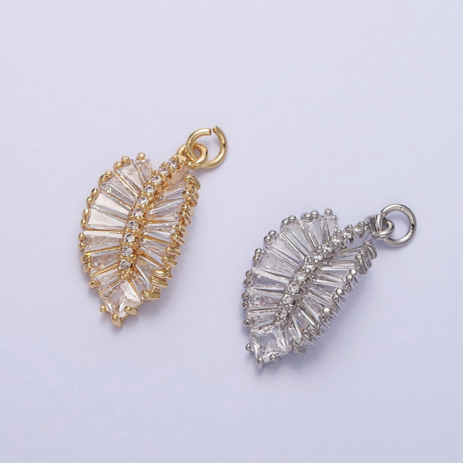 Plated Brass Micro Pave Cubic Zirconia Leaf Charm Baguette Small Leaf Charms for Jewelry Making