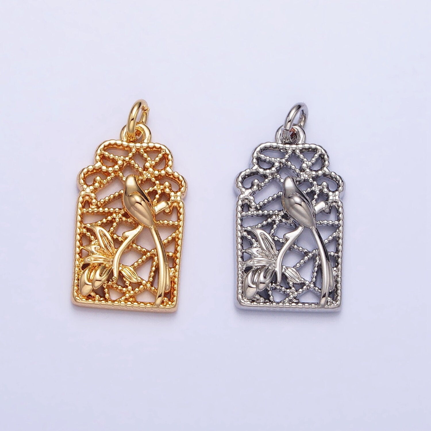 Bird in window Gold Plated pendant charms 19.8x9.9m for Bracelet Necklace Earring Supply AC715 AC716