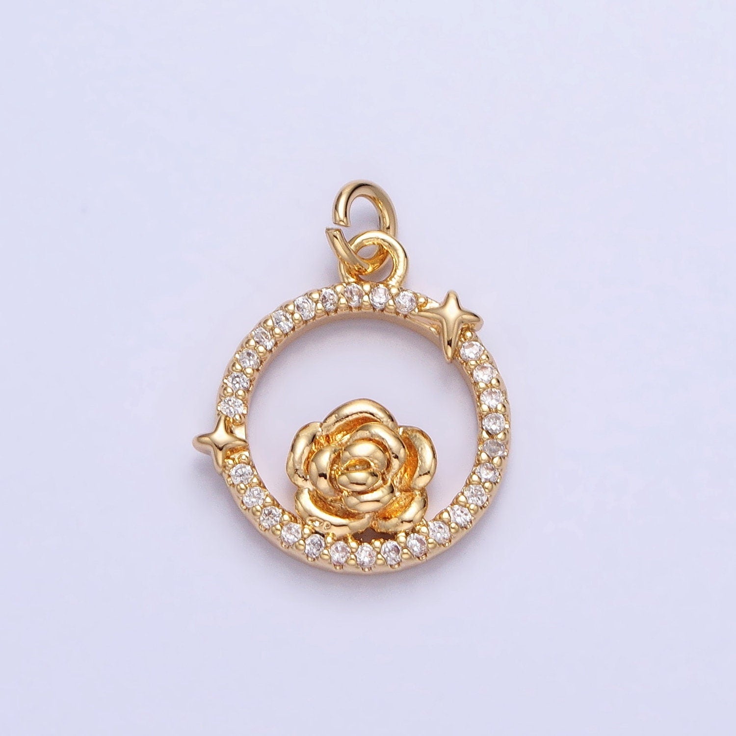Dainty Gold Rose Charm Flower Micro Pave Round Coin Shape Pendant Floral Charm for Necklace Bracelet Component AC771