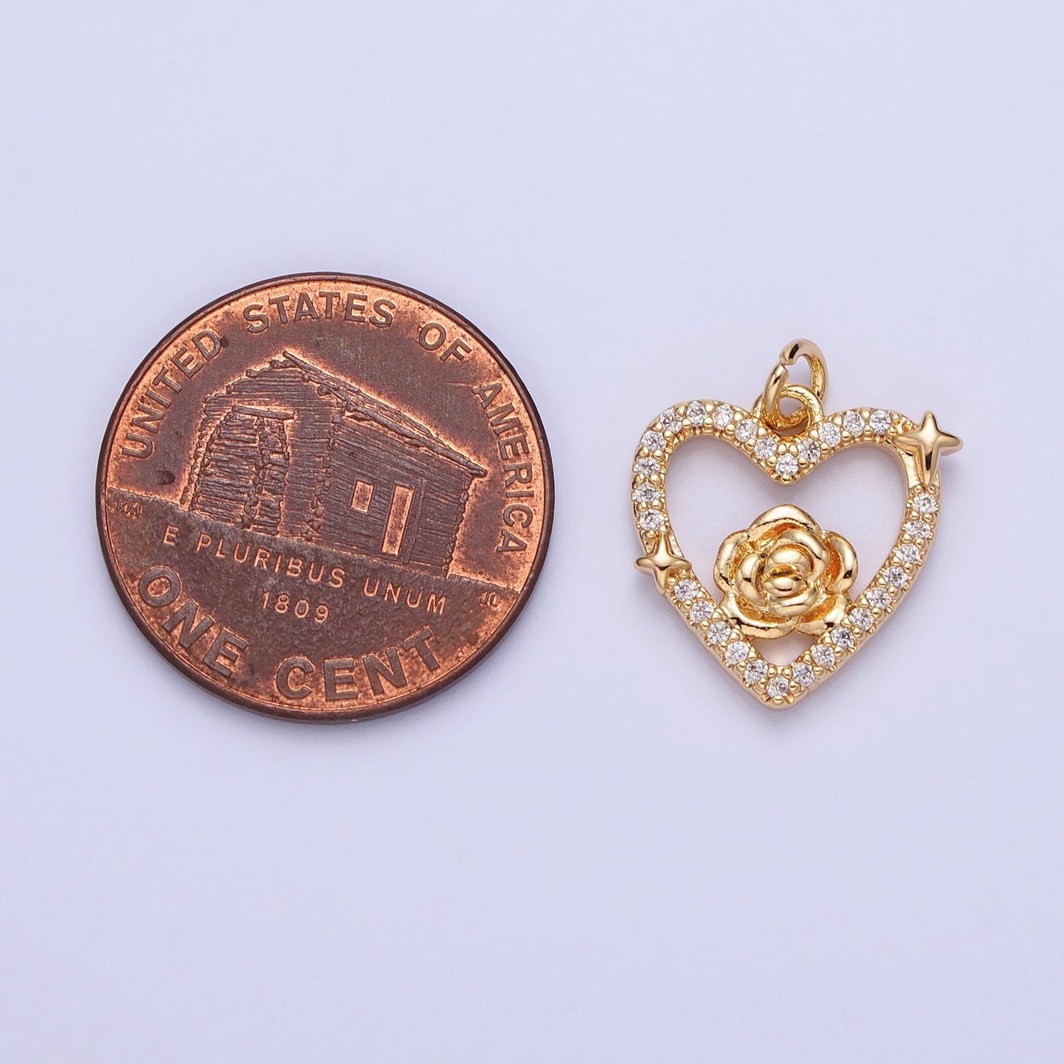 Dainty Gold Rose Charm Flower Micro Pave Heart Shape Pendant Floral Charm for Necklace Bracelet Component AC717