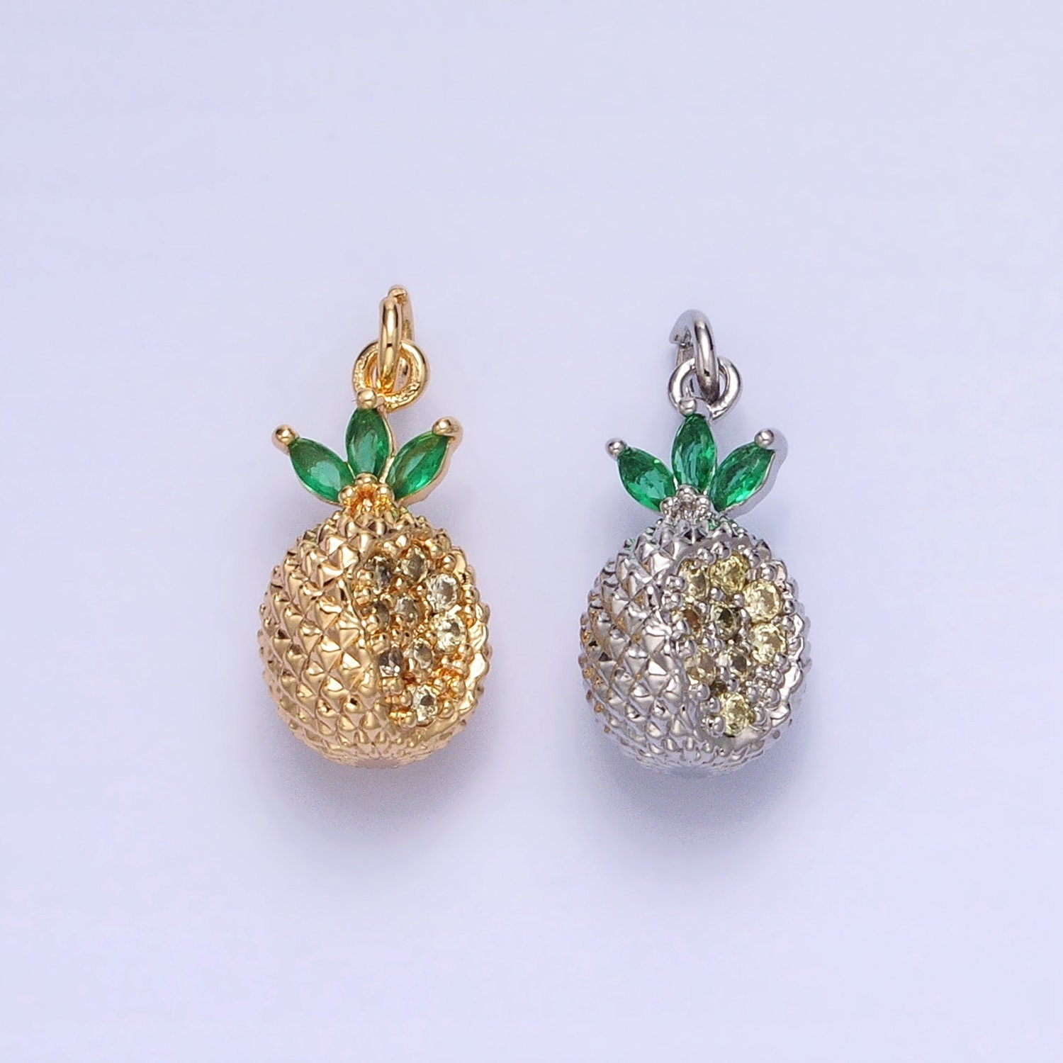 Tiny Gold Pineapple Charm, Cubic Zirconia Pina Charm Jewelry Making Supply CZ Dole Tropical Fruit Food Charm AC705