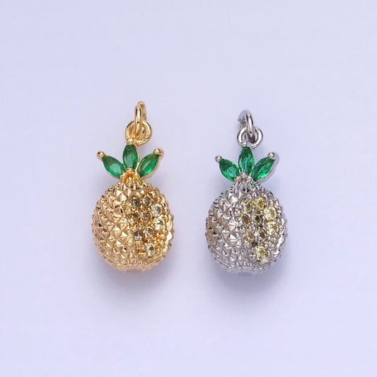Tiny Gold Pineapple Charm, Cubic Zirconia Pina Charm Jewelry Making Supply CZ Dole Tropical Fruit Food Charm AC705