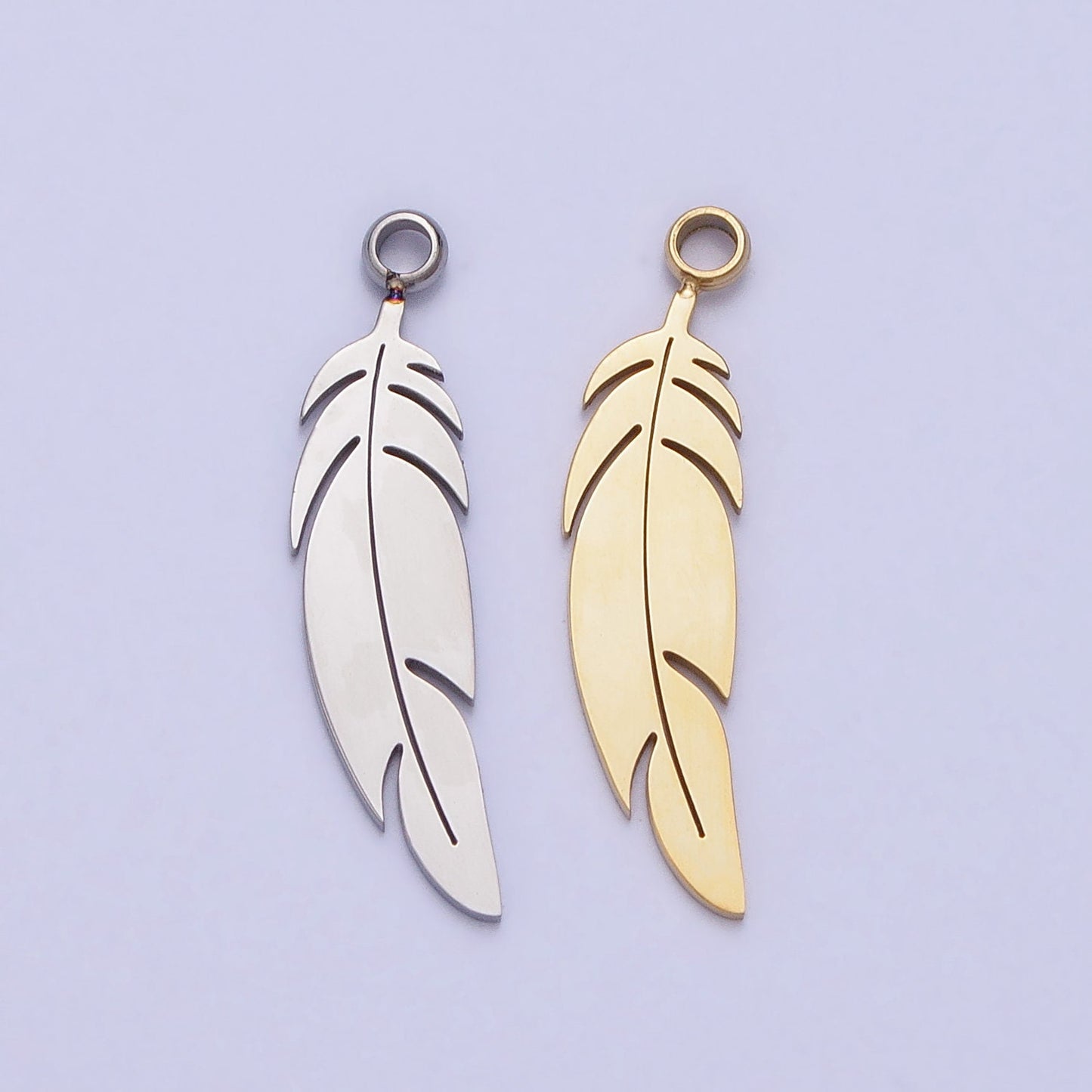 Dainty Stainless Steel Feather Charm in Gold & Silver Bird Feather tribal native Pendant Lead Nickel Free Tarnish Free | P-900