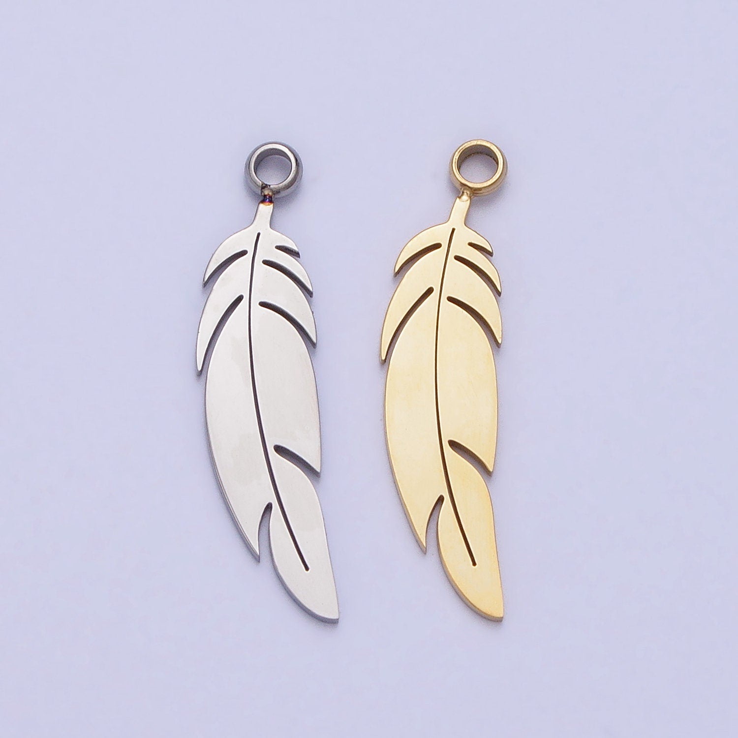 Dainty Stainless Steel Feather Charm in Gold & Silver Bird Feather tribal native Pendant Lead Nickel Free Tarnish Free | P-900