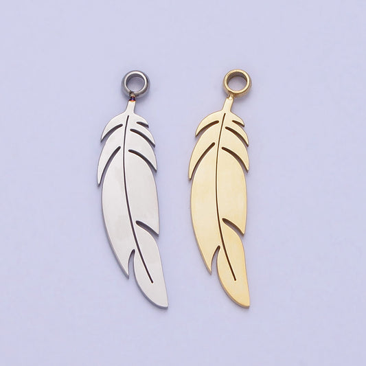 Dainty Stainless Steel Feather Charm in Gold & Silver Bird Feather tribal native Pendant Lead Nickel Free Tarnish Free | P-900