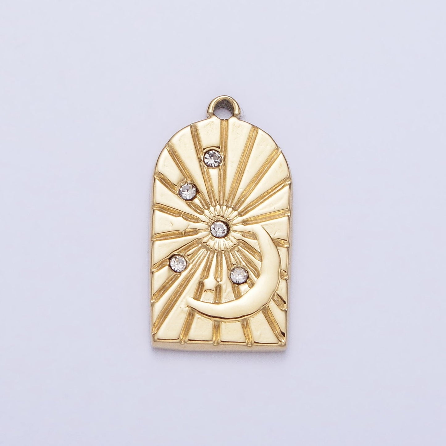 Dainty CZ Stainless Steel Crescent Moon Charm in Gold & Silver Medallion CZ Tag Pendant Lead Nickel Free Tarnish Free | P-901