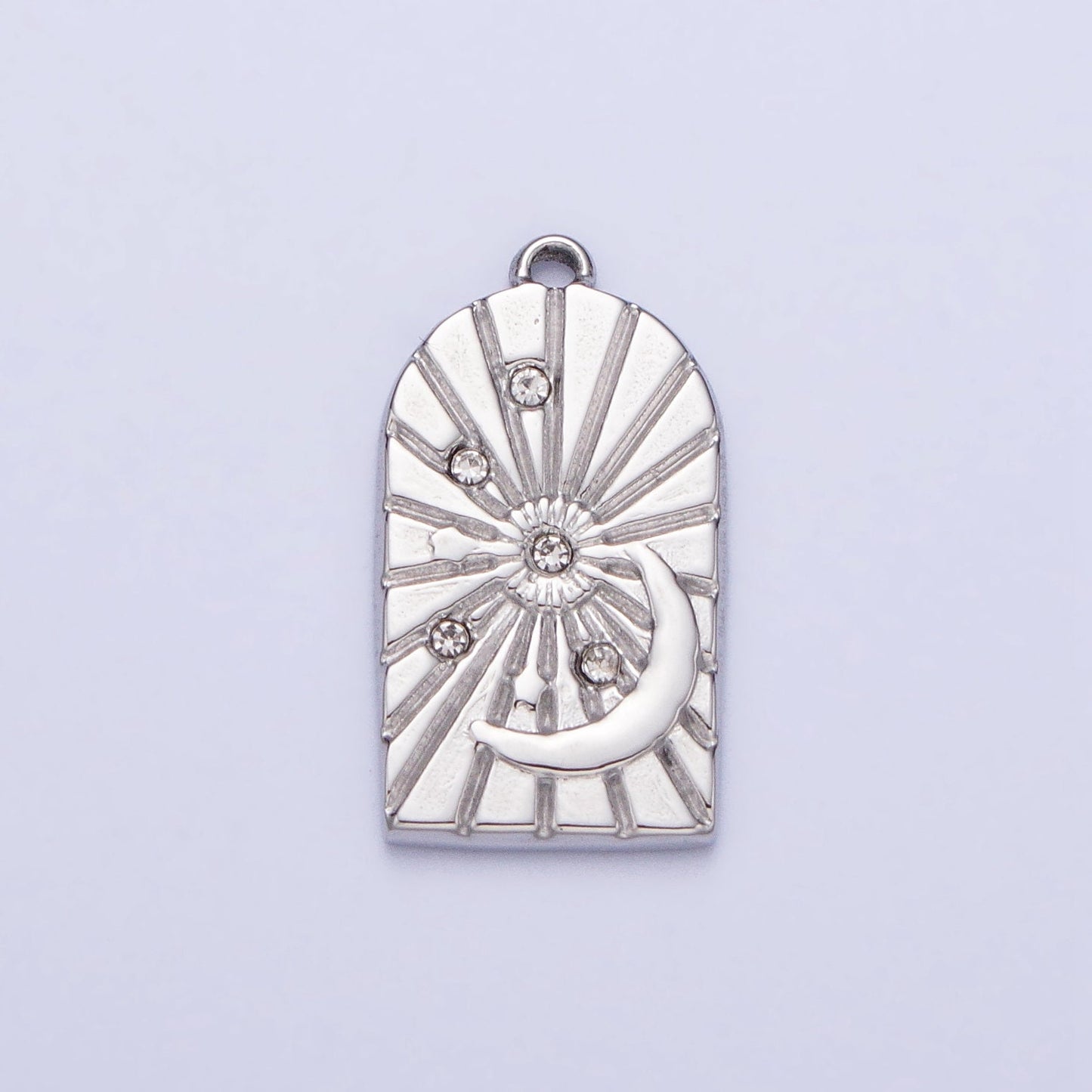 Dainty CZ Stainless Steel Crescent Moon Charm in Gold & Silver Medallion CZ Tag Pendant Lead Nickel Free Tarnish Free | P-901