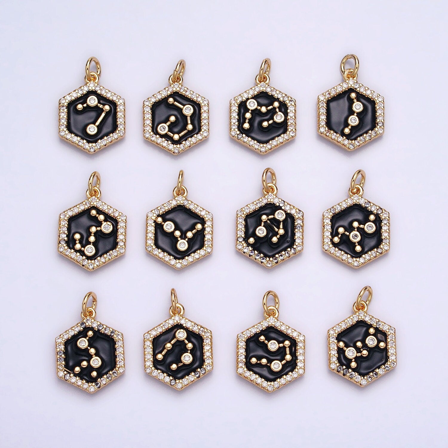 16k Gold Filled Hexagon Enamel Star Constellation Charm Dainty Zodiac Charm With CZ Stone For Jewelry Making Craft Supplies