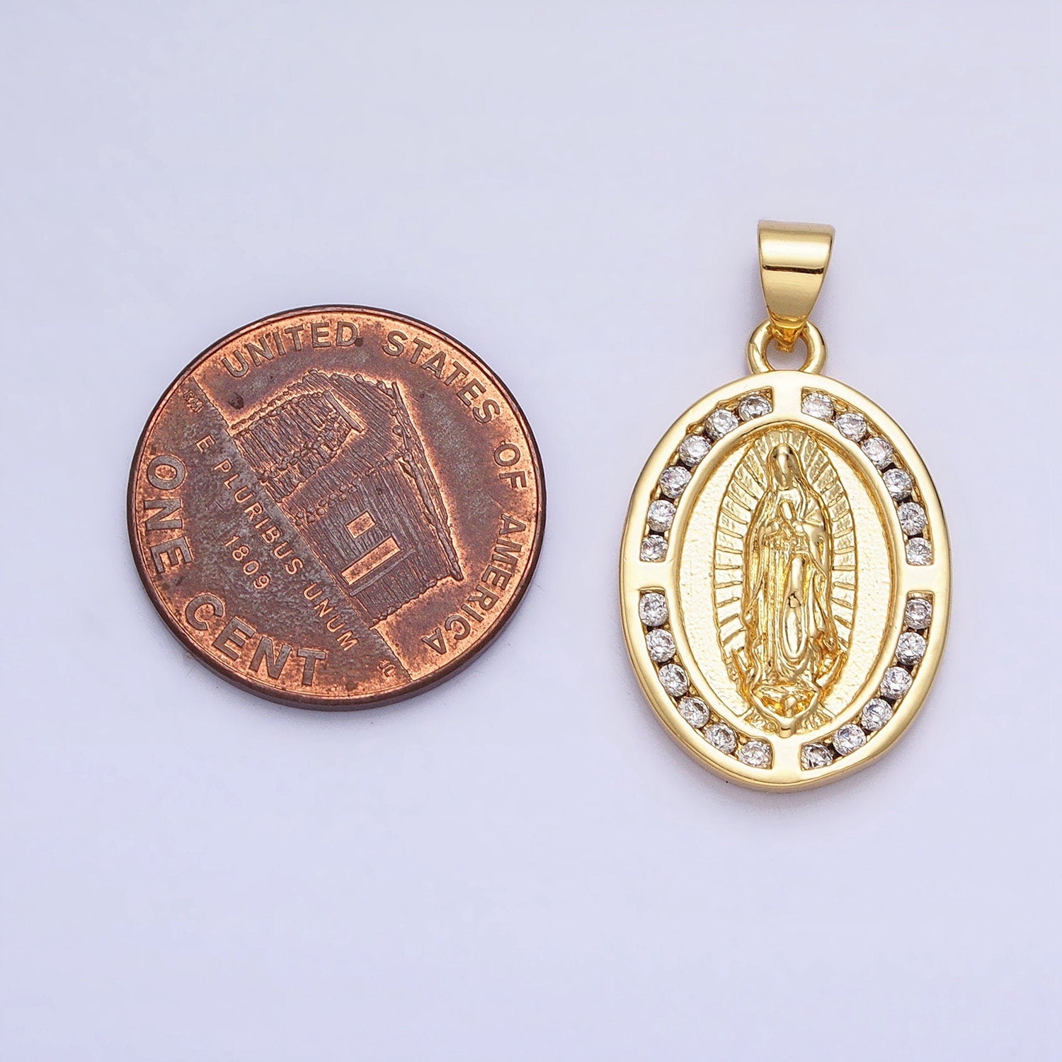 Micro Pave Gold Virgin Mother Mary Charm Oval Medallion Lady Guadalupe Religious Pendant | AA234