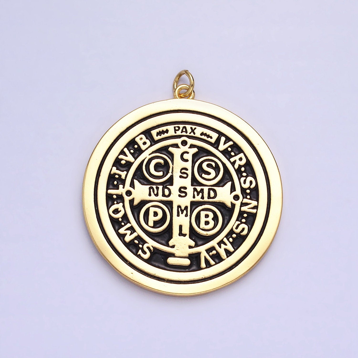 Double Sided Black White Enamel 24k Gold Filled Saint Benedict Charm Medallion Saint Jewelry Religious Pendant | AC464