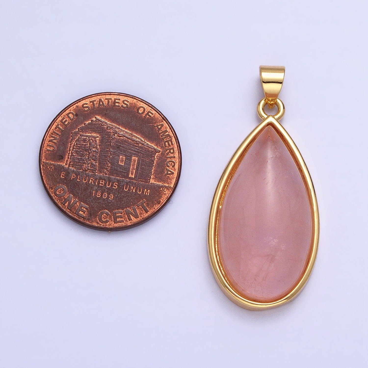 24K Gold Filled 33.3mm Rose Quartz Natural Gemstone Teardrop Bezel Pendant | AA342