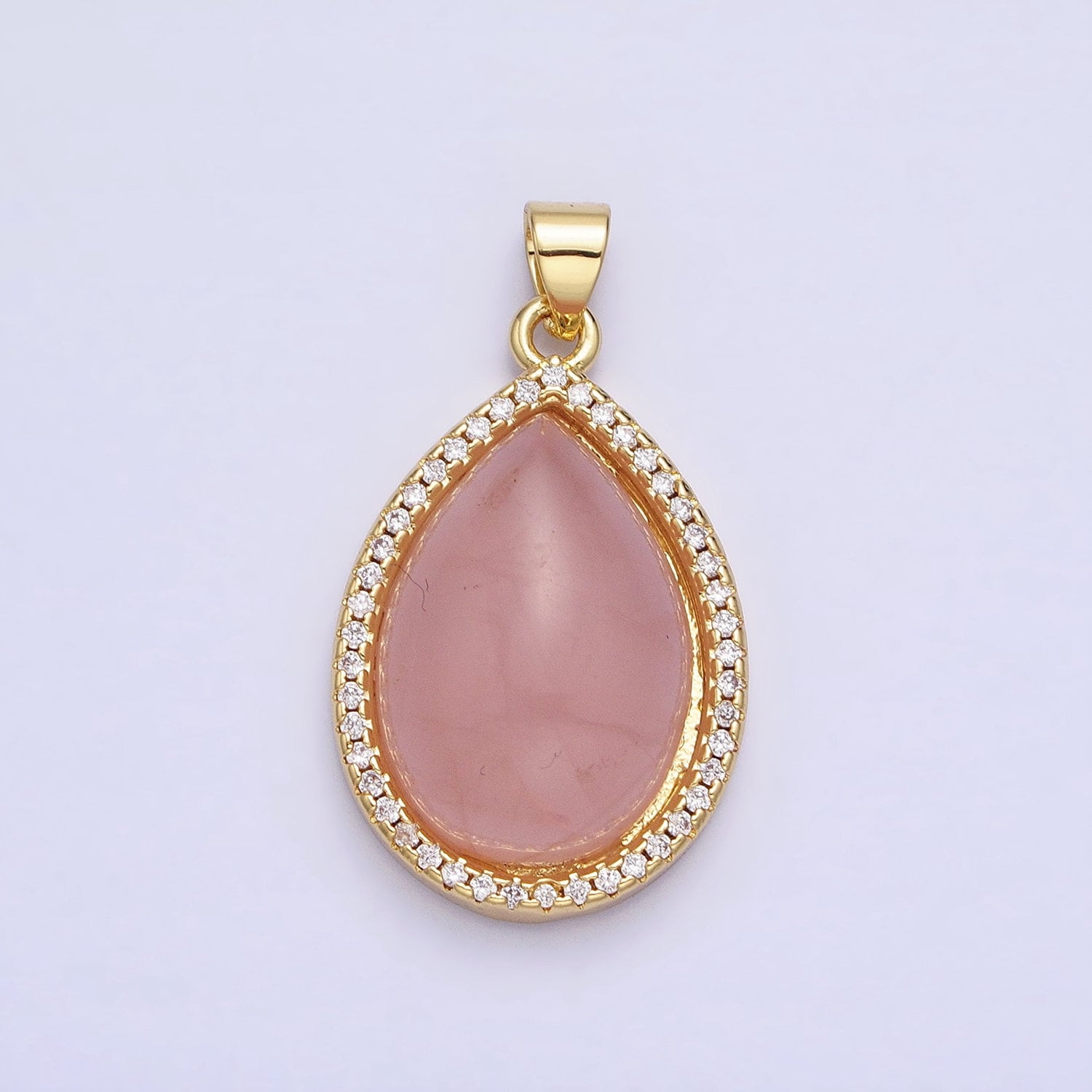 24K Gold Filled 30mm Rose Quartz Natural Gemstone Teardrop Micro Paved CZ Pendant | AA340