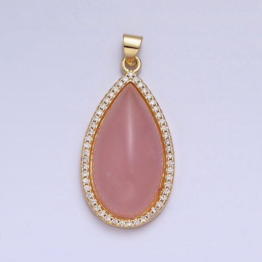 24K Gold Filled Rose Quartz Natural Gemstone Cabochon Micro Paved CZ 35mmx16.3mm Teardrop Pendant | AA339