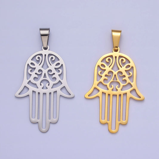 Stainless Steel Hamsa Hand Charm Gold Filigree Hand of Fatima Pendant Necklace Charm Lead nickel Free Tarnish Free J712