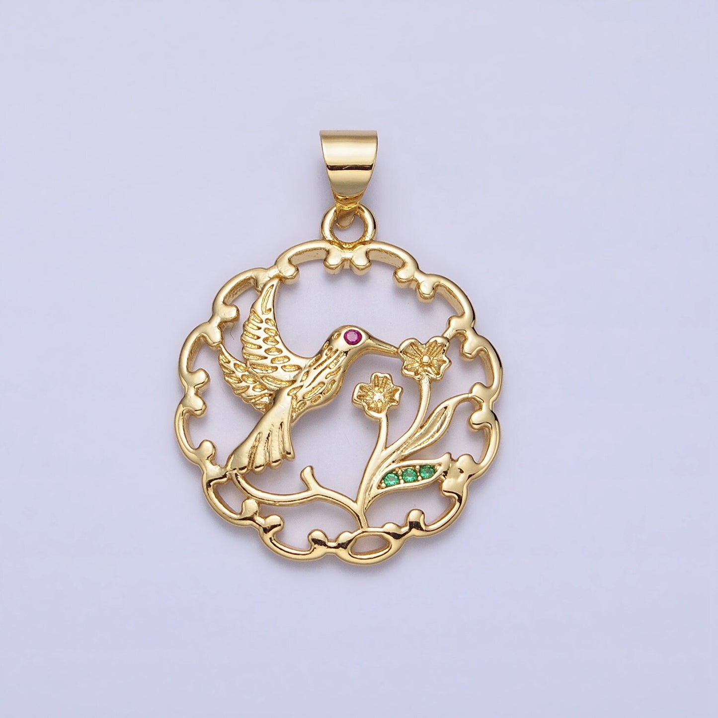 Micro Pave Gold Humming Bird Round Pendant Medallion Charms With CZ Flower Stones For Jewelry Making Supplies AA154