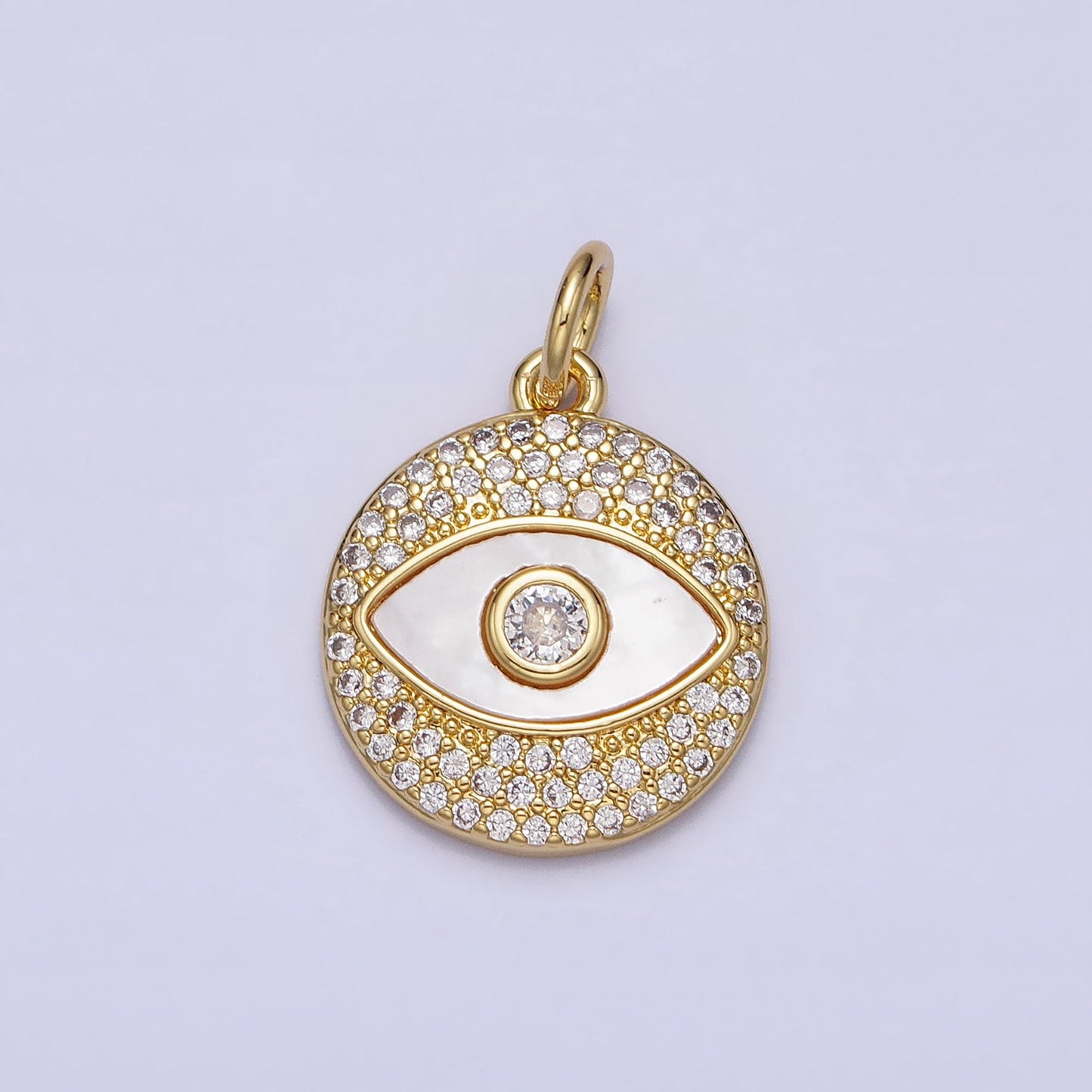 Pearl Gold Evil Eye Charm Clear Micro Paved CZ Medallion Round Disc Charm | AC363