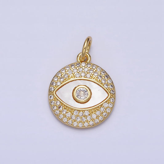 Pearl Gold Evil Eye Charm Clear Micro Paved CZ Medallion Round Disc Charm | AC363