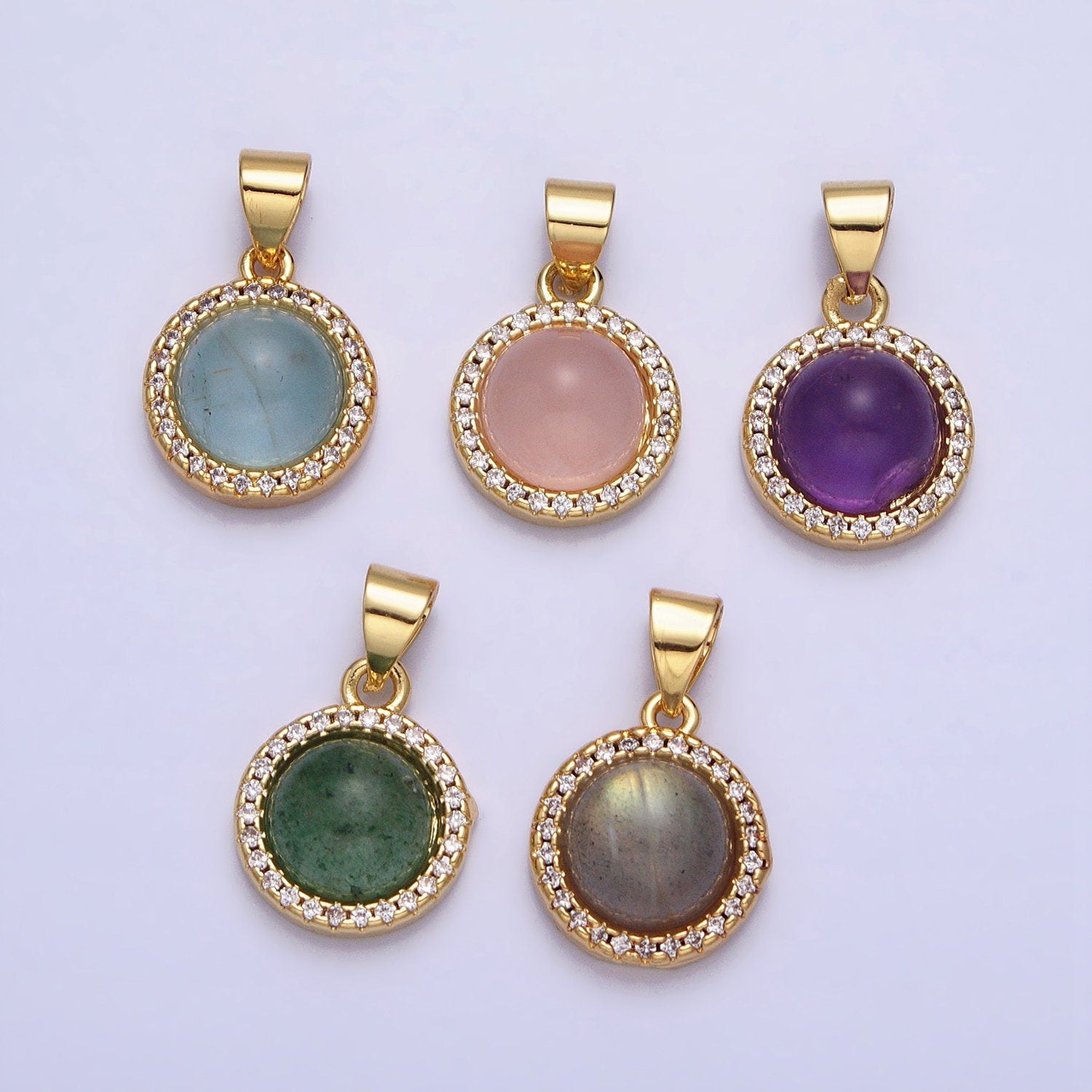 24K Gold Filled Rose Quartz, Aventurine, Labradorite, Blue Agate, Amethyst Square Pendant Geometric Jewelry Charm | AA183