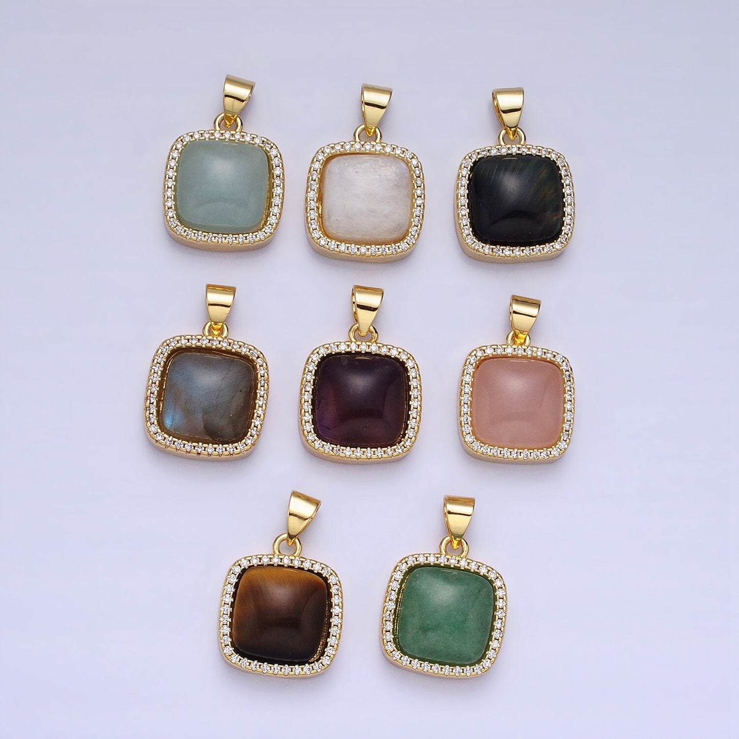 24K Gold Filled Rose Quartz, Aventurine, Labradorite, Tiger Eye, Amethyst Square Pendant Geometric Jewelry Charm with Micro Pave CZ | AA262