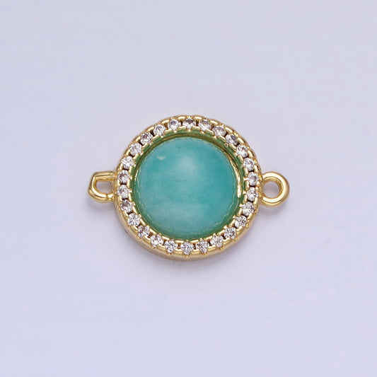 24K Gold Filled Blue Amazonite Natural Gemstone Micro Paved CZ Round Connector | Y-794