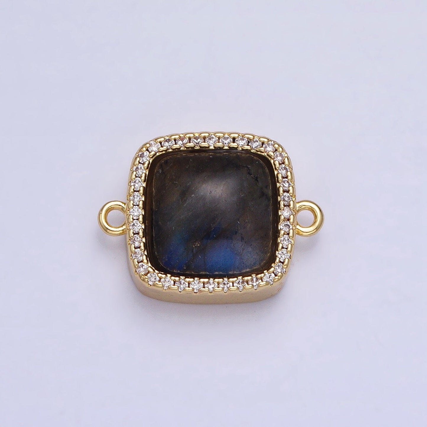 24K Gold Filled White Moonstone, Rose Quartz, Blue Agate, Tiger Eye, Amethyst, Onyx Micro Paved CZ Square Connector | Y-803~Y806