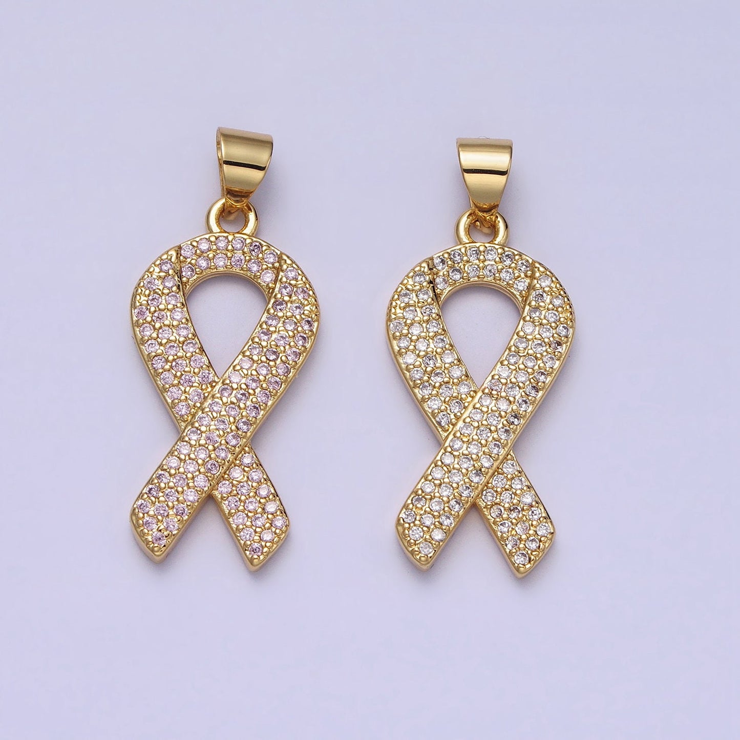 Pink CZ Gold Ribbon Charms, Breast Cancer Awareness, October Ribbon Pendant for Charity Handmade Bracelet Earring Necklace Supply AA163