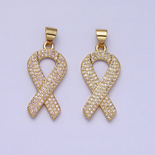 Pink CZ Gold Ribbon Charms, Breast Cancer Awareness, October Ribbon Pendant for Charity Handmade Bracelet Earring Necklace Supply AA163