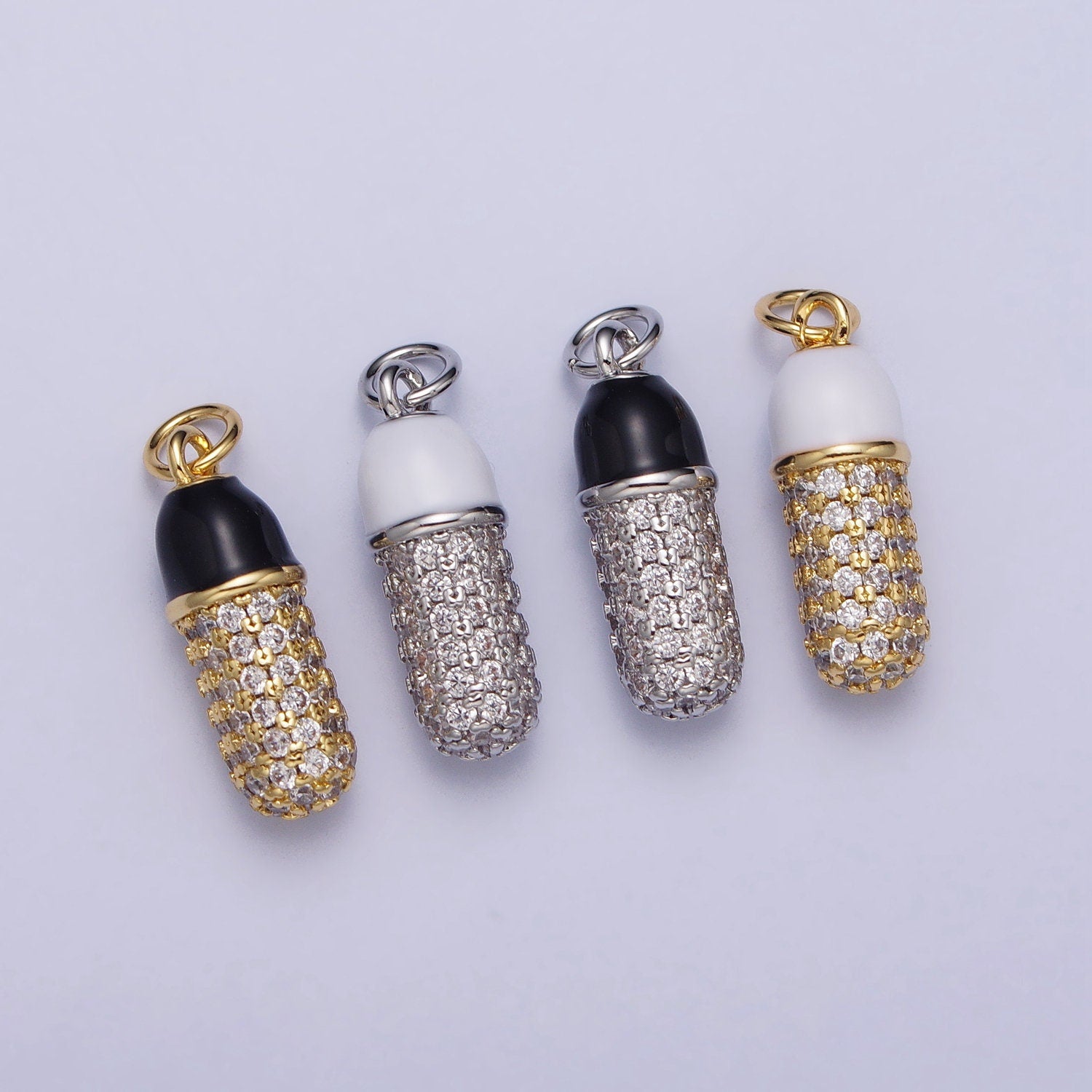 Silver CZ 14K Gold Filled Pill Bar Charm CZ White Enamel Pill Pendant for Bracelet Necklace Earring Component Supply AC402