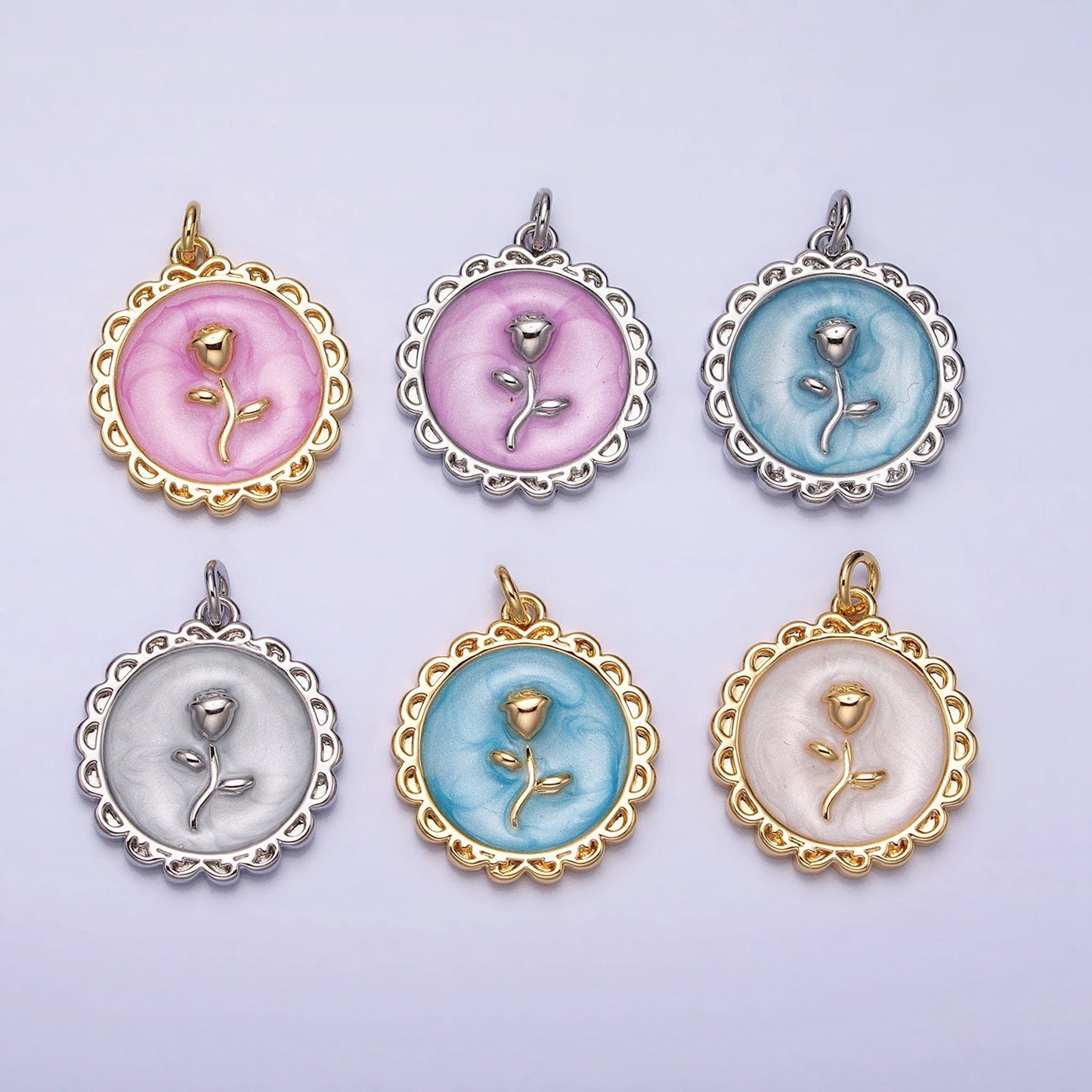 1Pc Gold Flower Star Rose Charms Blue, White, Pink Enamel Floral charm Decorative Round Disc Charm Medallion for Necklace Bracelet AC643