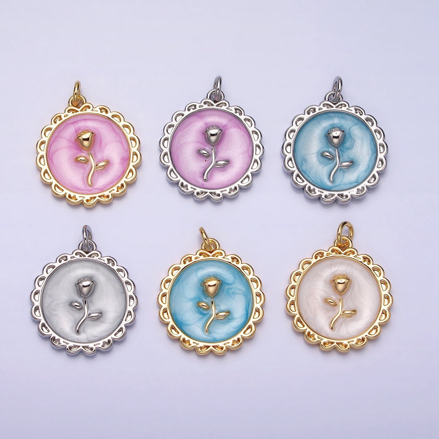 1Pc Gold Flower Star Rose Charms Blue, White, Pink Enamel Floral charm Decorative Round Disc Charm Medallion for Necklace Bracelet AC643