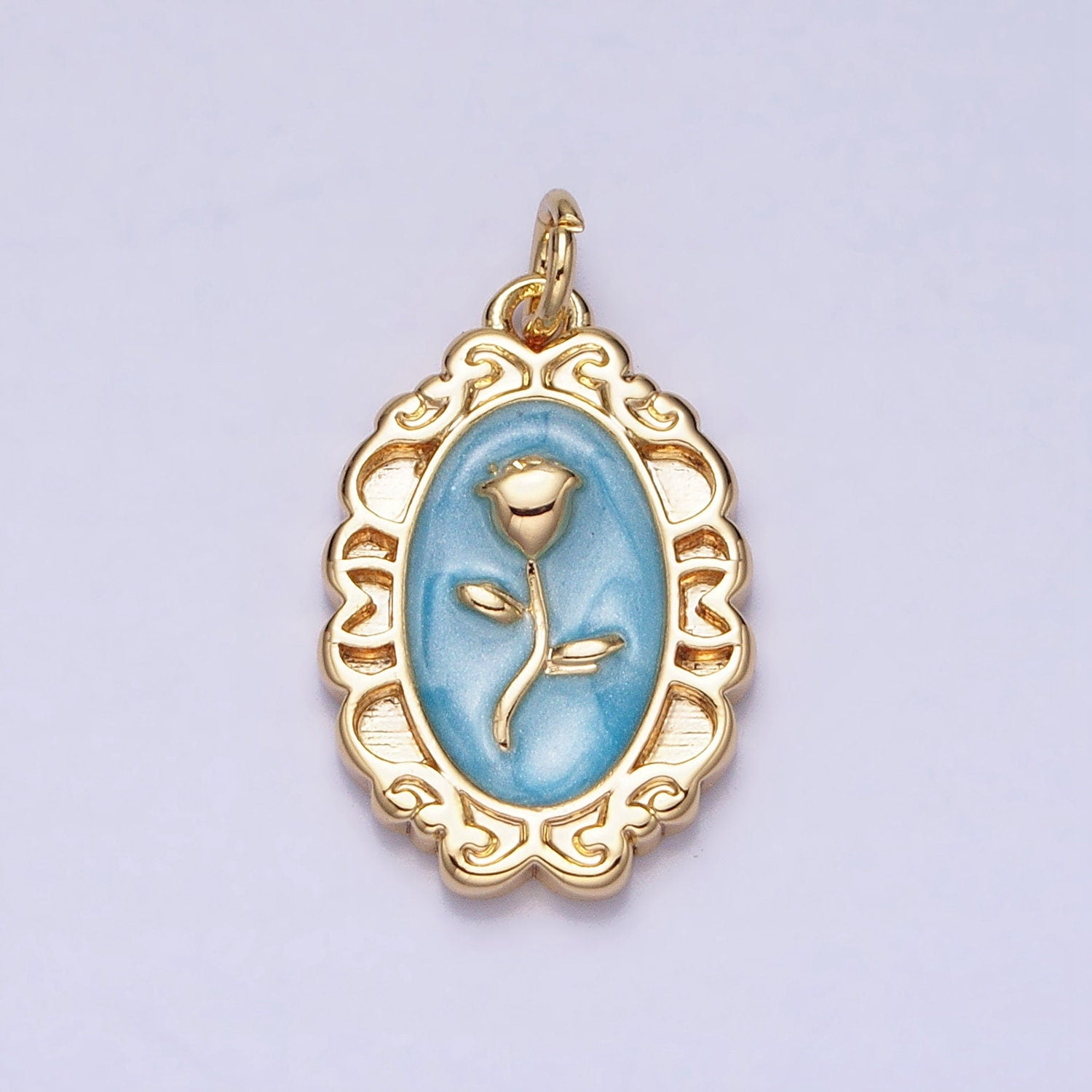 1Pc Gold Flower Rose Charms Blue, White, Pink Enamel Floral charm Decorative Oval Mirror Charm Medallion for Necklace Bracelet AC649