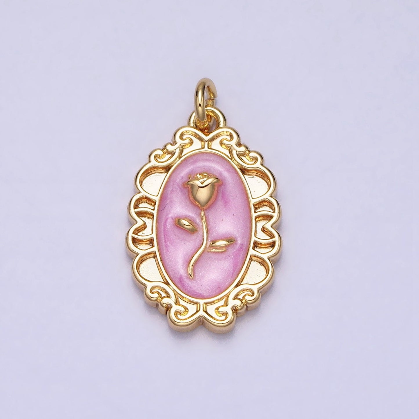 1Pc Gold Flower Rose Charms Blue, White, Pink Enamel Floral charm Decorative Oval Mirror Charm Medallion for Necklace Bracelet AC649