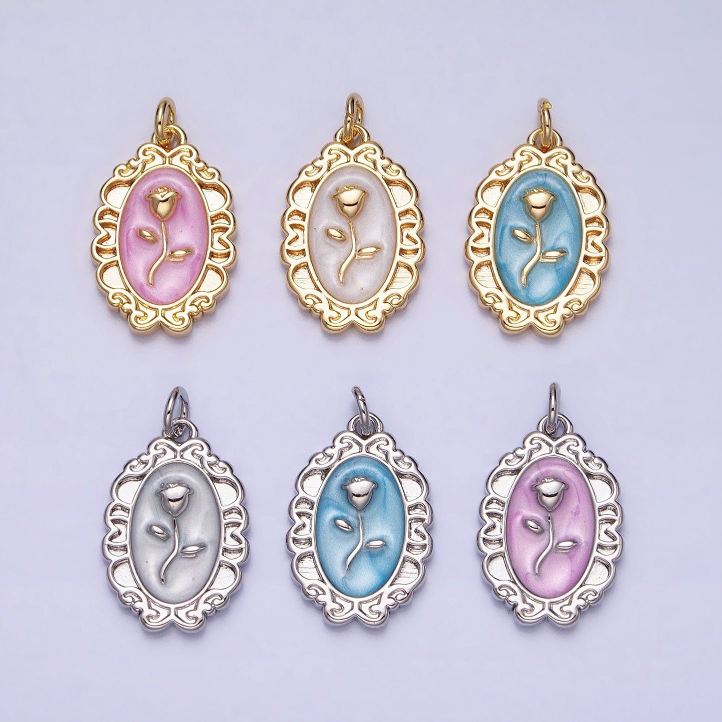 1Pc Gold Flower Rose Charms Blue, White, Pink Enamel Floral charm Decorative Oval Mirror Charm Medallion for Necklace Bracelet AC649