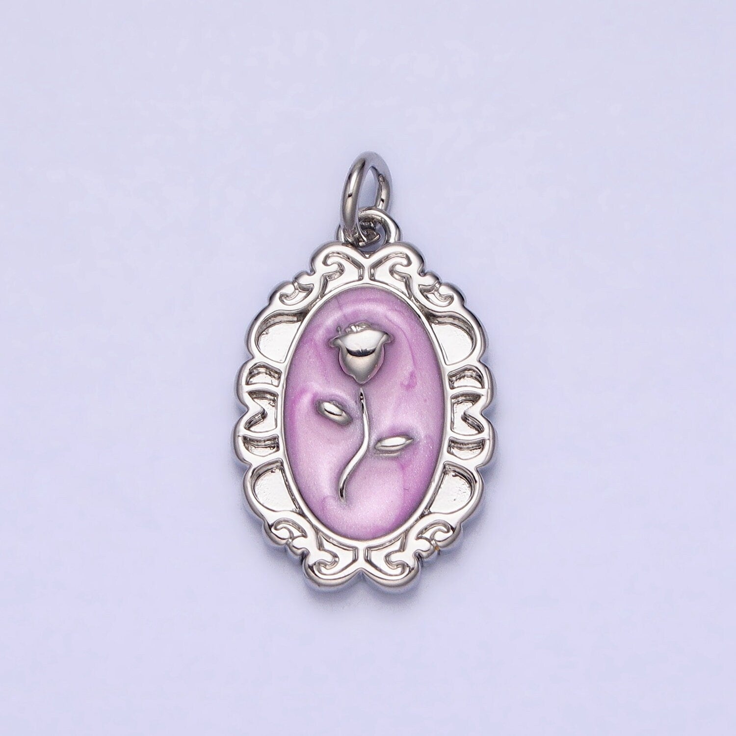 1Pc Gold Flower Rose Charms Blue, White, Pink Enamel Floral charm Decorative Oval Mirror Charm Medallion for Necklace Bracelet AC649