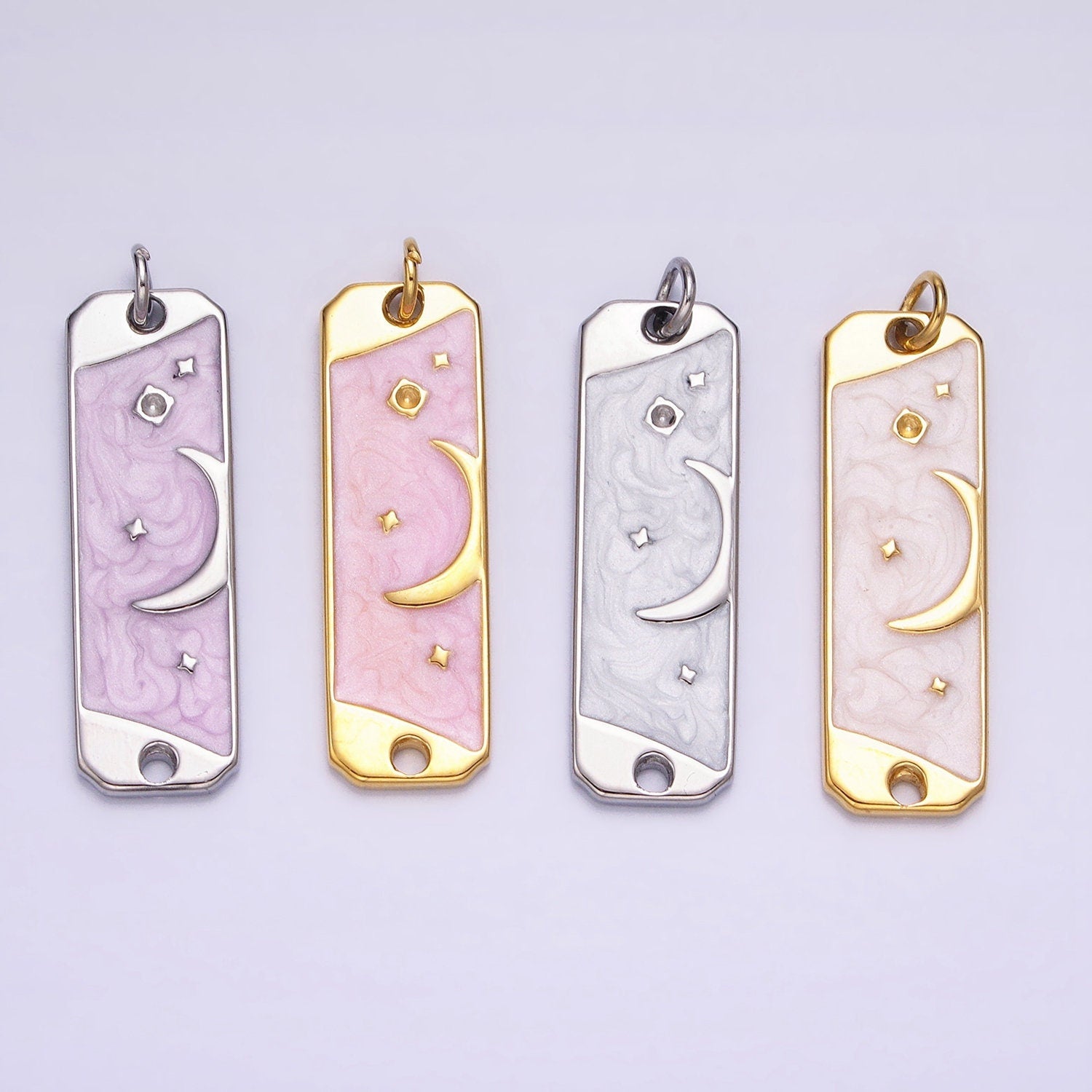 Pink Enamel Long Moon Sky Charm Silver Gold Star Galaxy Earth Day Necklace Pendant AC577 AC578