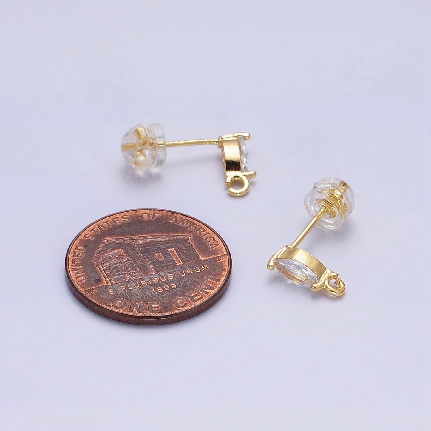 Tiny Marquise Cz Cubic Earring Post w/ open link, Nickel free 9x3mm Design 16K gold plated brass, CZ, Earring making post 1 pair Z189