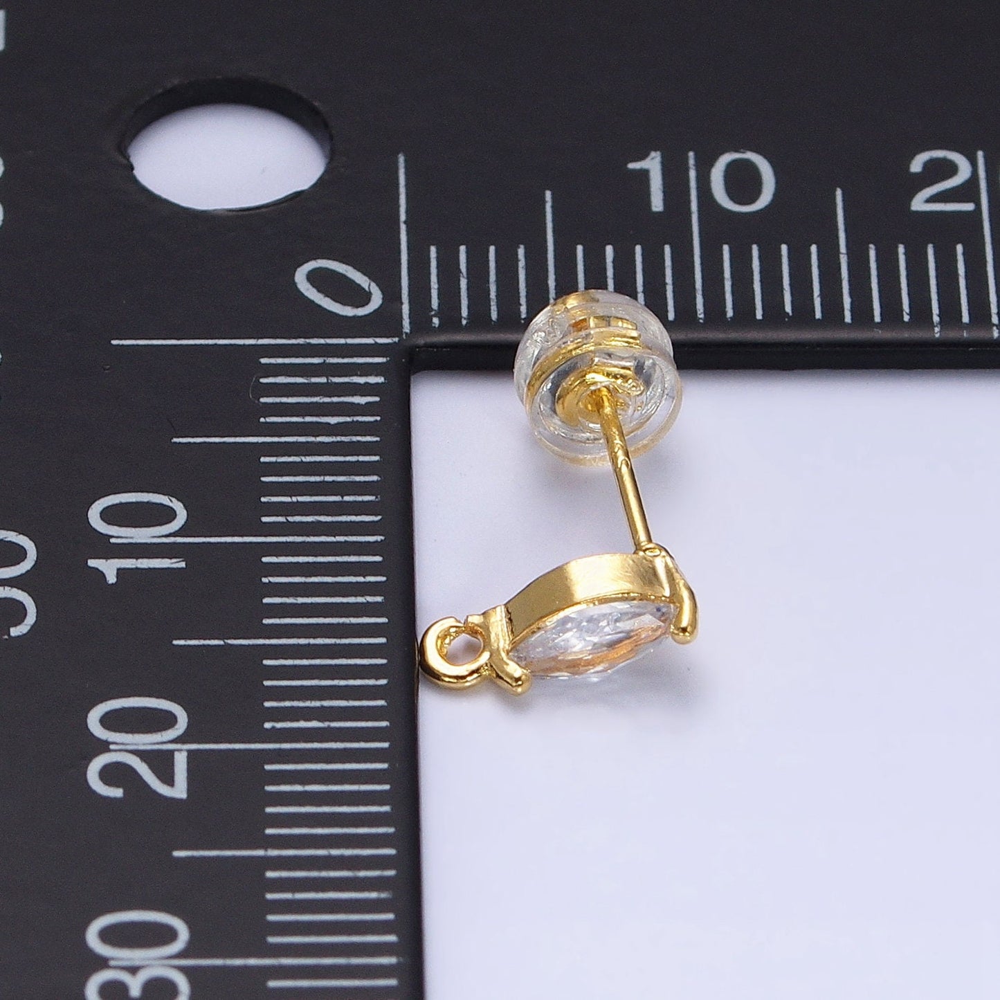 Tiny Marquise Cz Cubic Earring Post w/ open link, Nickel free 9x3mm Design 16K gold plated brass, CZ, Earring making post 1 pair Z189