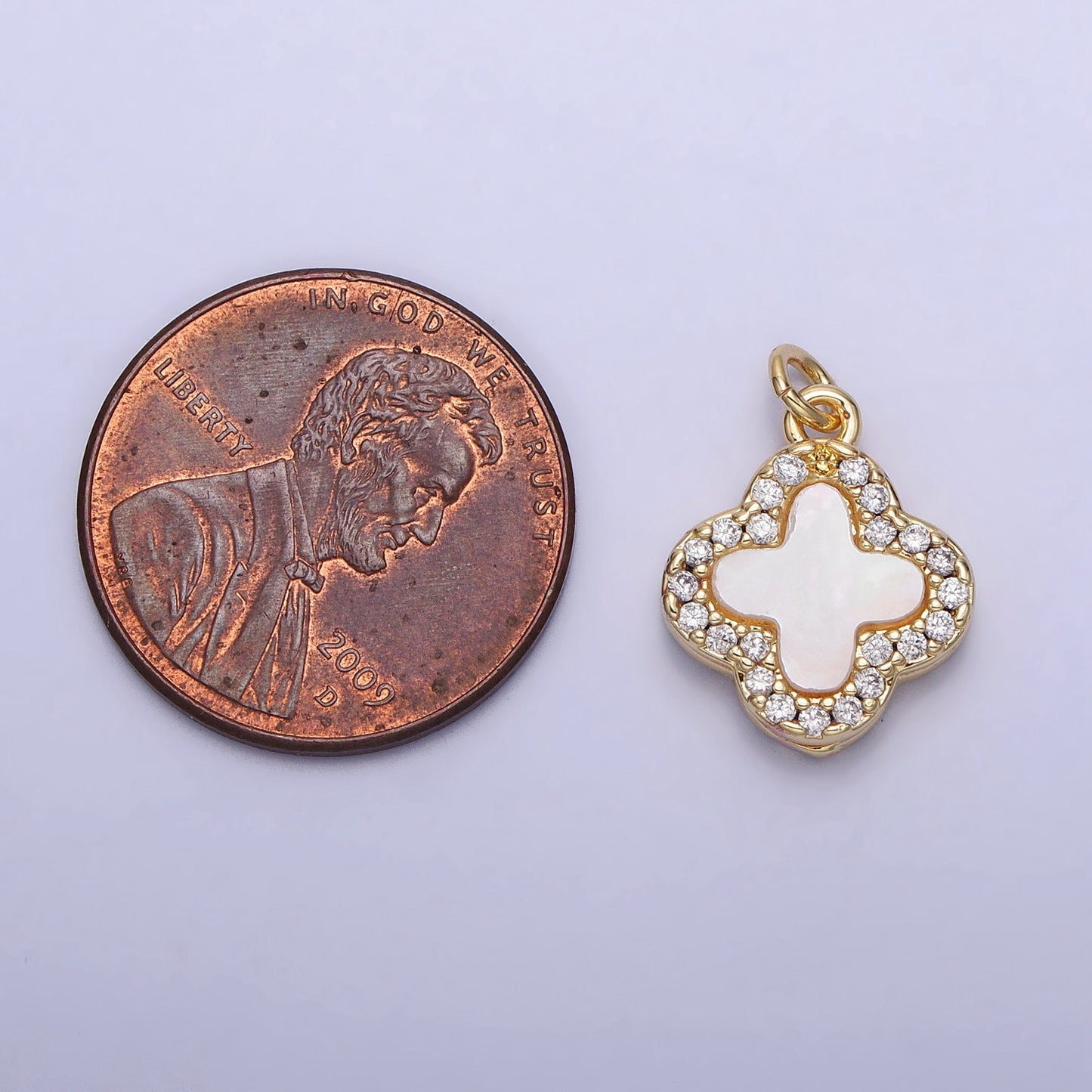 Tiny 24K Gold Filled Clover Quatrefoil Shell Pearl Micro Paved CZ Pendant | AC730