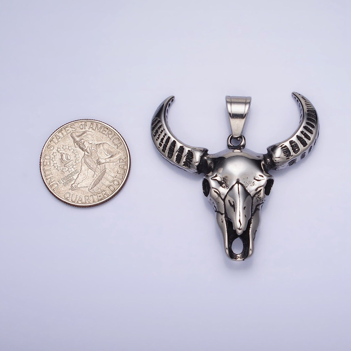 Stainless Steel Engraved Bull OX Cow head with horn Pendant in Silver | P-1142