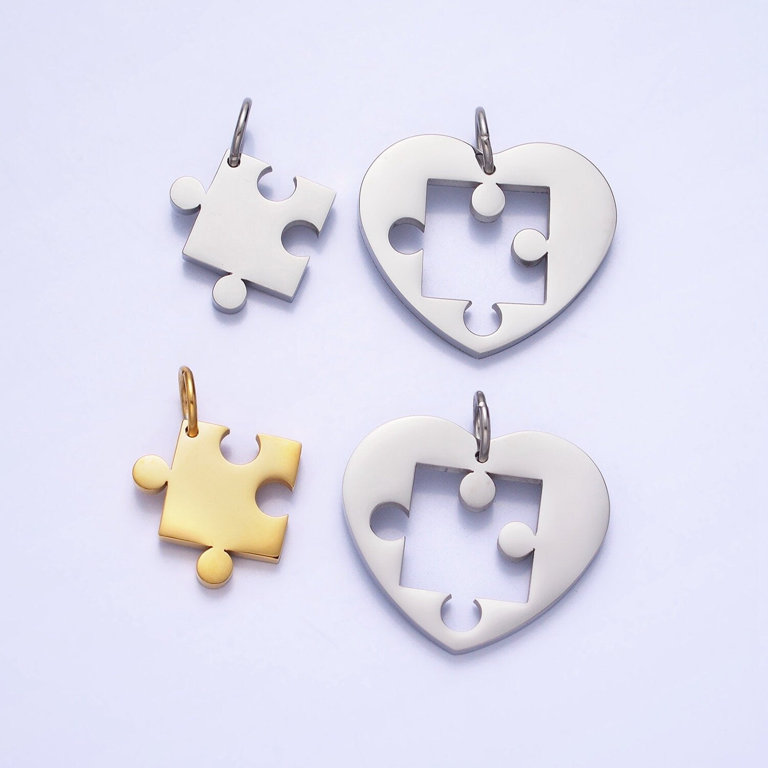 Stainless Steel Two Heart Puzzle Pieces Pendant in Silver & Gold Autism Awareness Jewelry Inspired | P-927 P-928