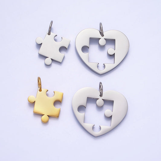 Stainless Steel Two Heart Puzzle Pieces Pendant in Silver & Gold Autism Awareness Jewelry Inspired | P-927 P-928
