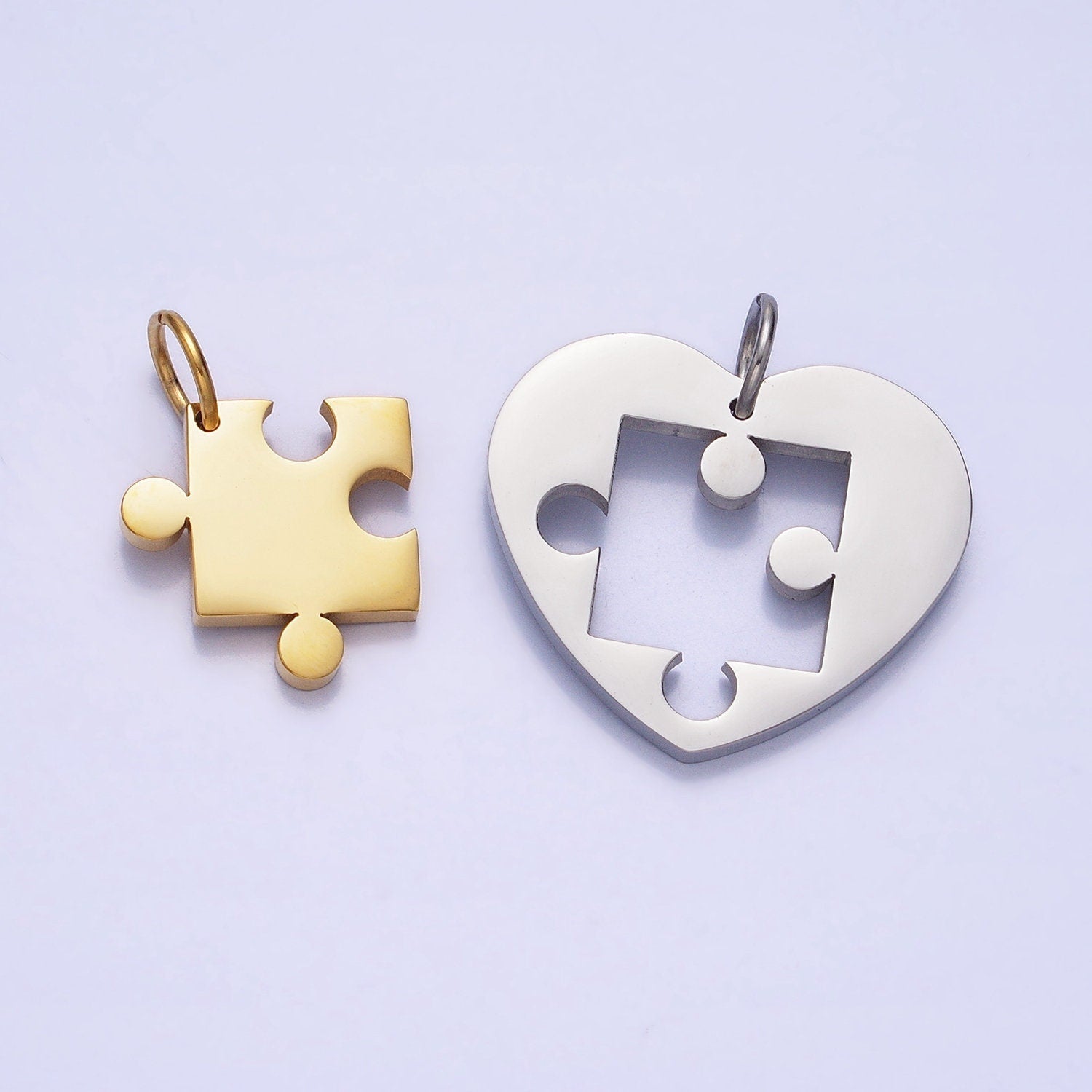 Stainless Steel Two Heart Puzzle Pieces Pendant in Silver & Gold Autism Awareness Jewelry Inspired | P-927 P-928